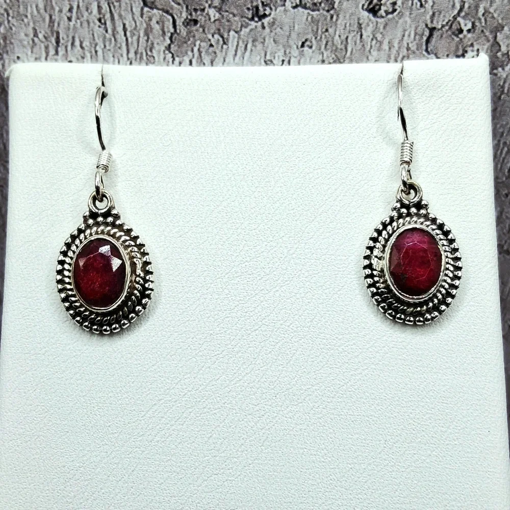 Sterling Silver Ruby Dangle Earrings 925 Bali Style Red Stone 1.25